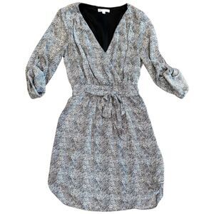 DR2 Daniel Rainn Womens Medium Black White Print Faux Wrap Midi Dress Office